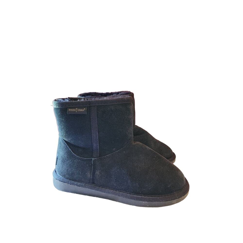 MINNETONKA Women's Sz 6 Navy Blue Ankle Shearling Boots Sheepskin 6" 85584